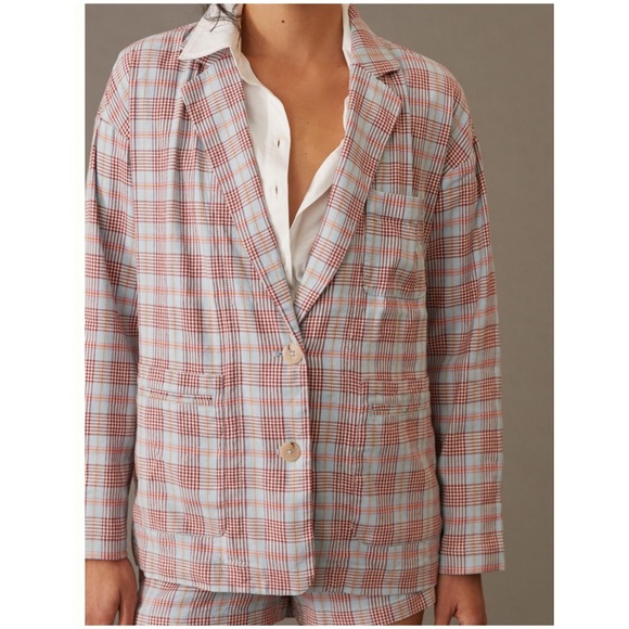 Anthropologie Pilcro Relaxed Blazer Jacket NEW Red Blue Plaid ANTHRO NWT - Picture 3 of 6